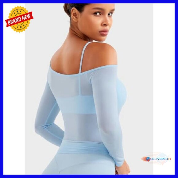Sheer Long Sleeve Crop Top, One Shoulder Yoga Tee, Quick-Dry Workout - Picture 3 of 8